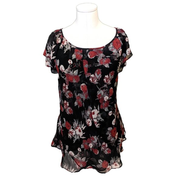 Alfred Sung Black Red Floral Whimsygoth Blouse Sheer Layered Office Summer XXL - Picture 1 of 8